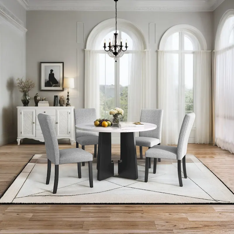 5 Piece Kitchen Table and Chairs Set, 4 People Round Dining Table Set, 4 Upholstered Chairs with Rubber Wood Legs