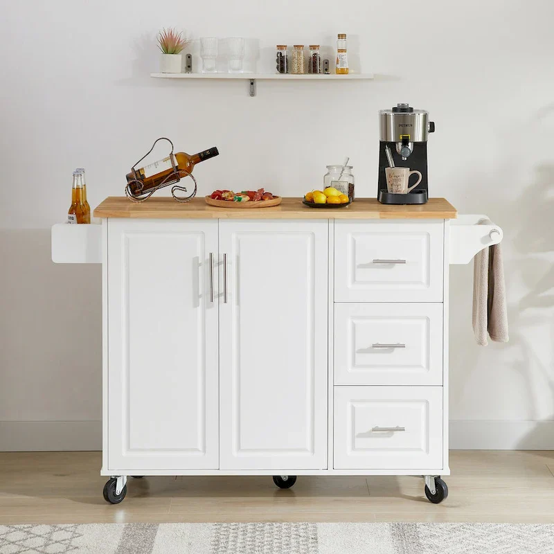 Kitchen Island with Drop Leaf Countertop and Rolling Cart