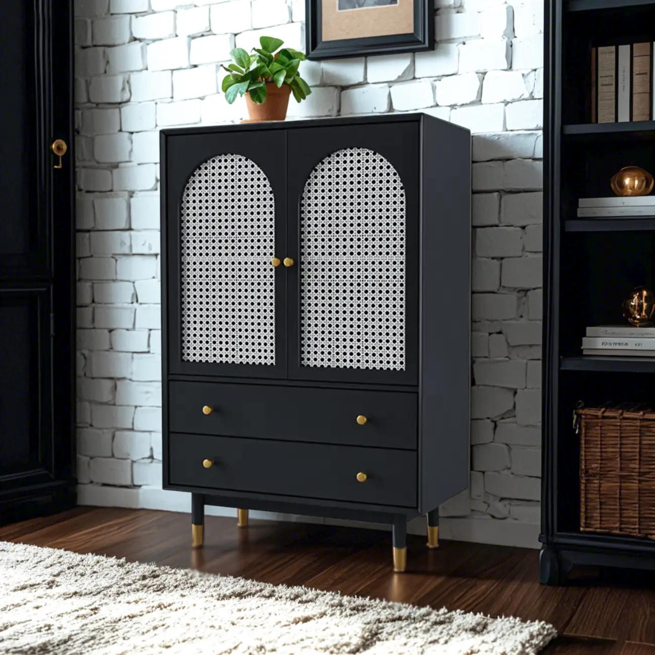 Modern Beige Solid Wood Accent Cabinet with 2 Drawers