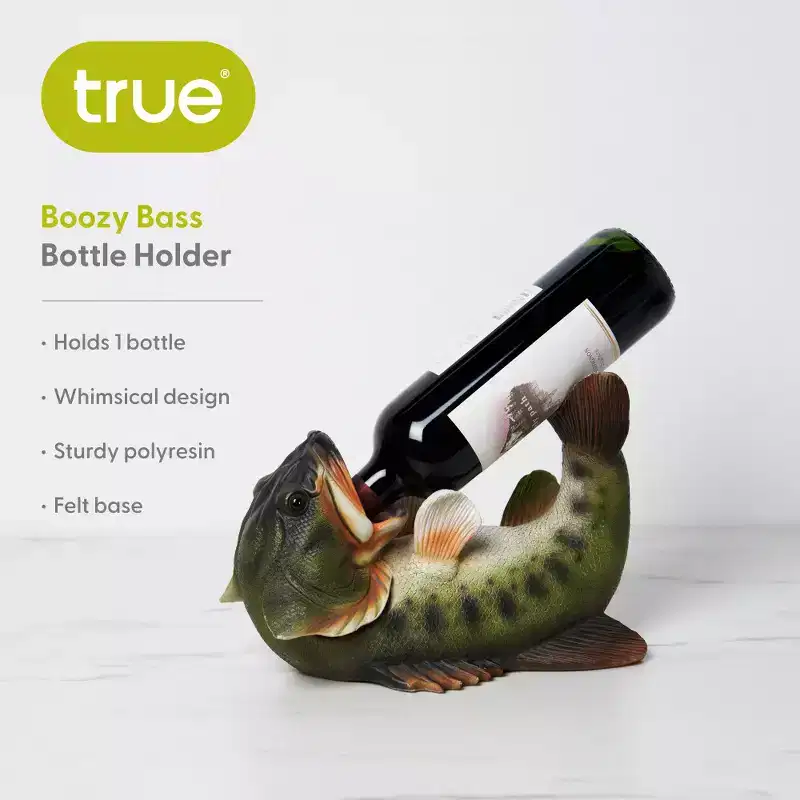 True Boozy Bass Polyresin Wine Bottle Holder, Playful Fish Wine Holder, Animal Wine Rack, Bar Kitchen Decor, Holds 1 Standard Wine Bottle, Set of 1