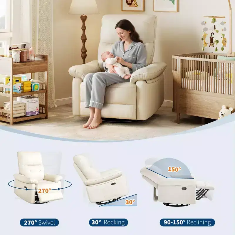 GustoWave Power Recliner Chair, PU Leather Swivel Rocker Recliner with Ports, Upholstered Nursery Glider Reclining Sofa Chair, Beige