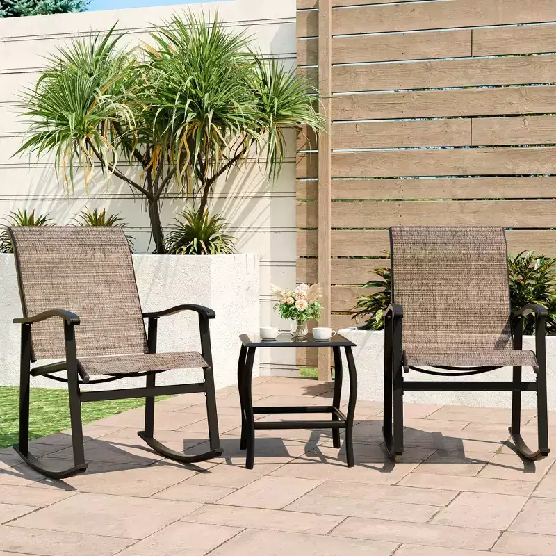 Celebalcony 3 Piece Outdoor Rocking Bistro Set, Textilene Fabric Rocker Chairs Conversation Set with Table for Garden, Balcony, Poolside
