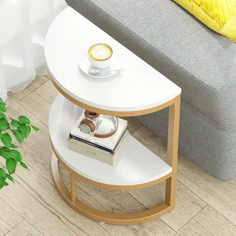 Half Round End Table, Narrow Side Table Slim C Table with Metal Frame