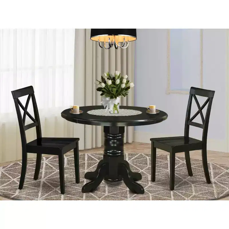 HomeStock 3-Piece Round Black Finish Solid Wood Top Dining Table with 2 Chairs