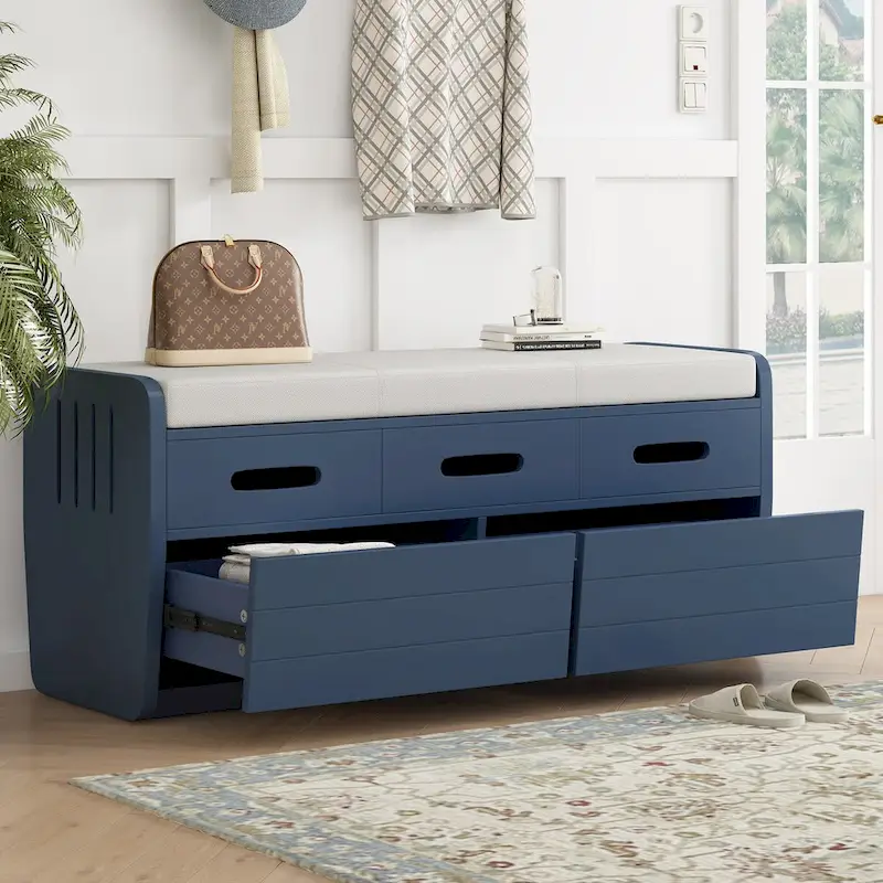 Espresso/Natural/Navy/White Rustic Storage Bench with 2 Pull-Out Drawers, Seats 1