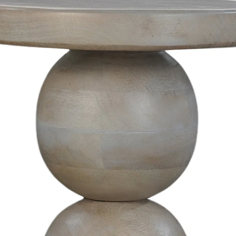 Tia 12 Inch Round Side End Table, Turned Pedestal Base, Beige Mango Wood in Natural Brown Finish