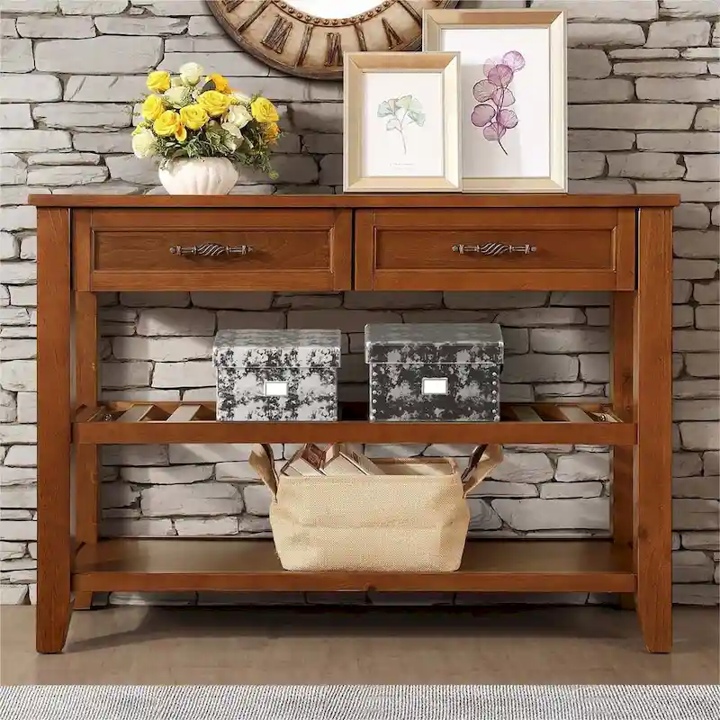Espresso / Navy Blue / Antique Gray / Brown Mid-Century Solid Wood Buffet Sideboard with 2 Drawers & Open Shelves - Single Use