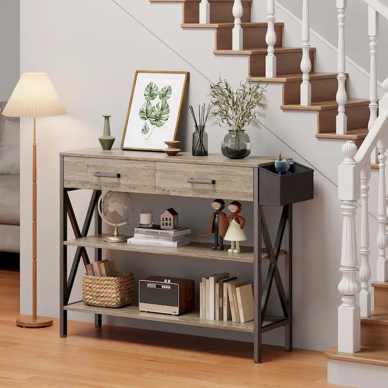 Grey/Black/Retro Console Table with 2 Drawers & 3-Tier Shelves, 1-Person Assembly