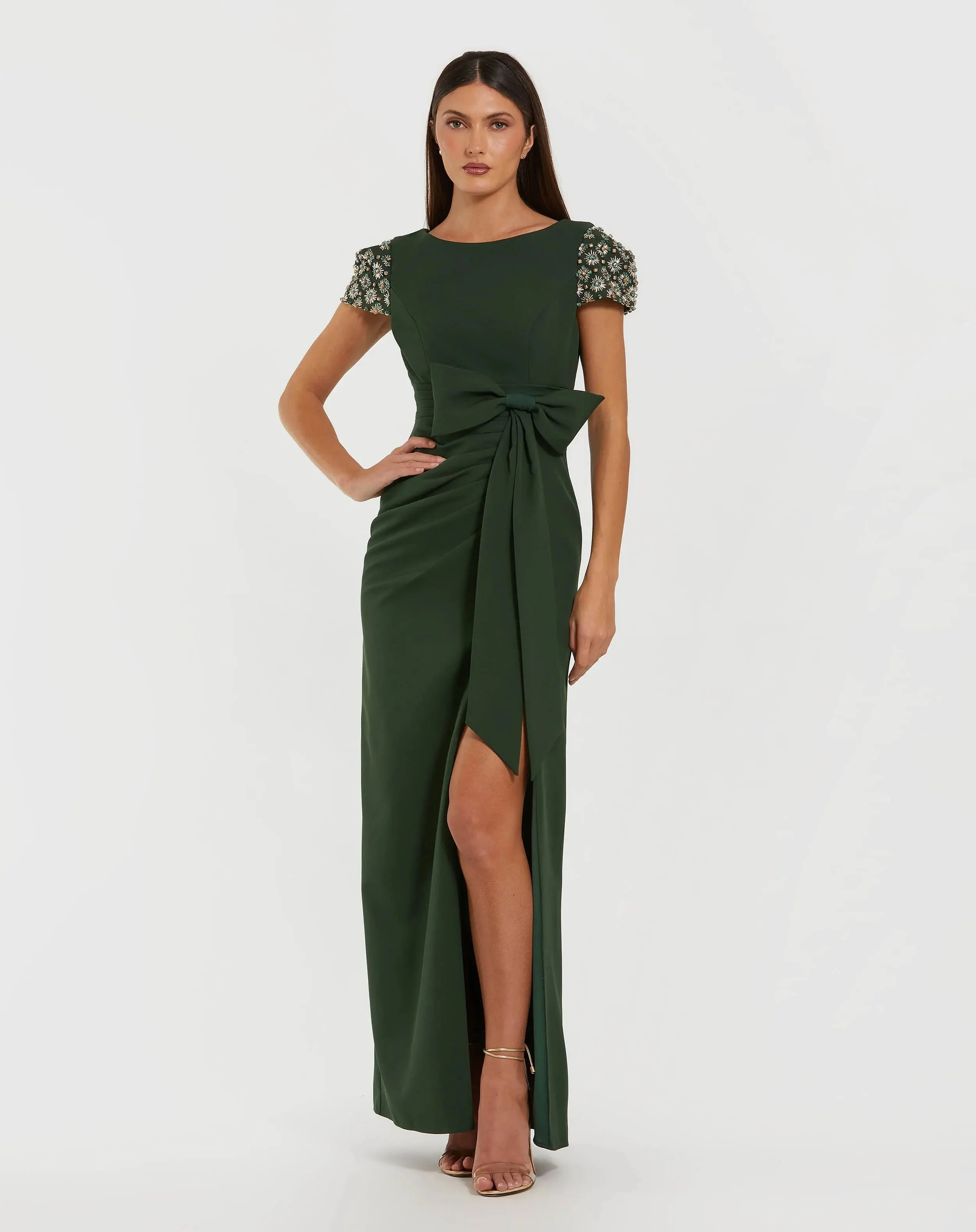 Dark Green Beaded Cap Sleeve Crepe Gown With Bow and Slit