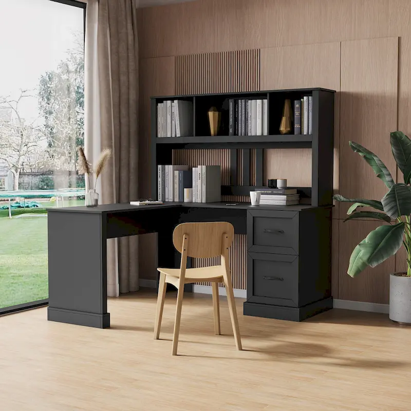 White/Black Computer Desk with 2-Tier Shelf & 2 Drawers, 1-Person