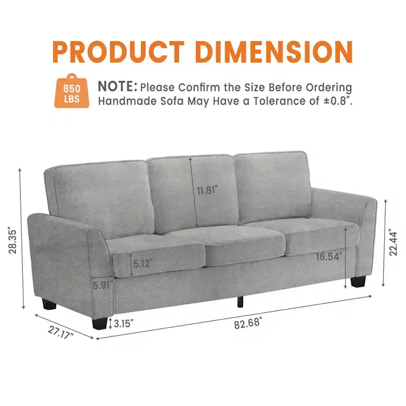 83 Inch Modern 3 Seater Sofa,Deep Seat Couch with Washable Detatchable Covers,Comfy Chenille Couch,Oversized Cloud Sofa for Living Room,Apartment