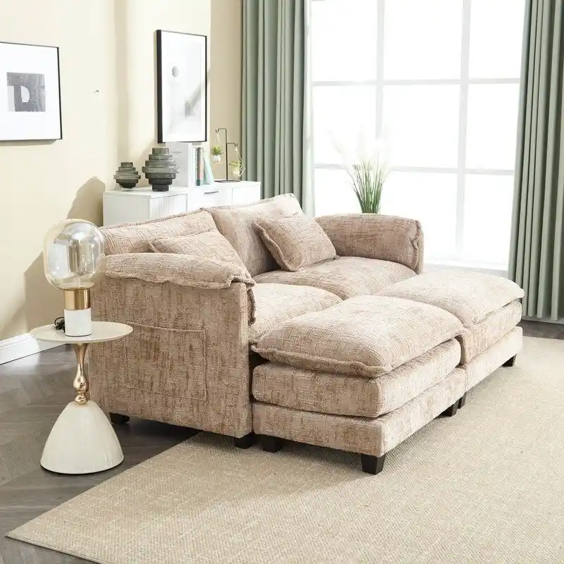 76.77 Chenille Upholstered Sofa with 2 Ottomans