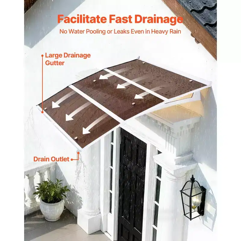 Door Entrance Awning 37 x 47 Inch Polycarbonate Canopy with Drainage ABS Bracket Brown