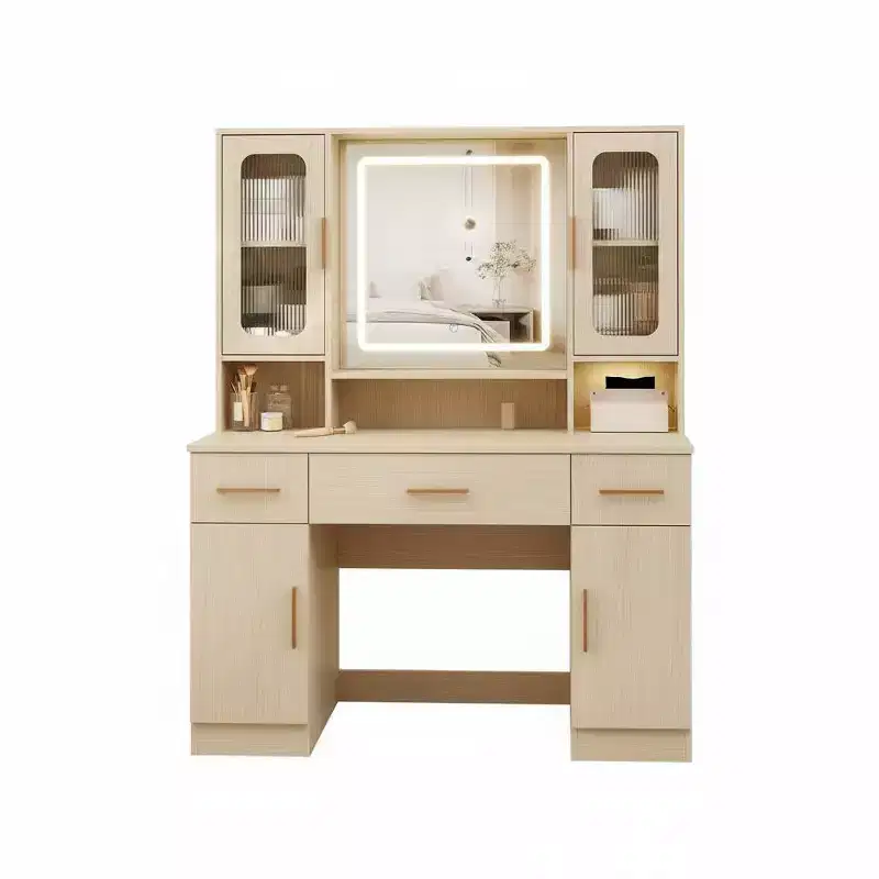 Acekool Modern Vanity Desk with Mirror, 2 Glass Cabinets & 3 Drawers Makeup Table for Bedroom
