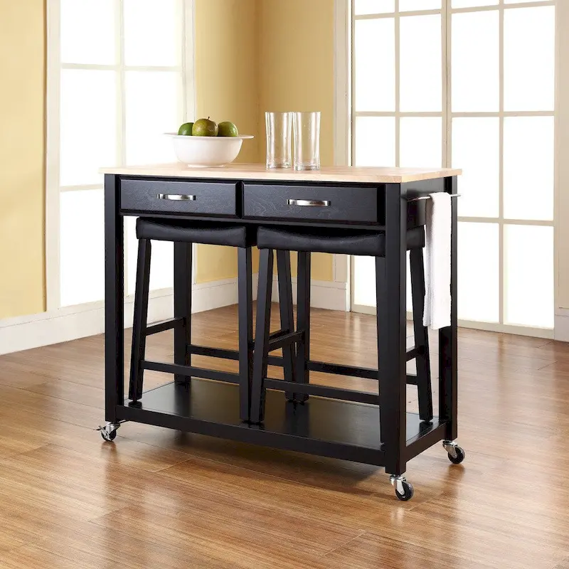 Black Kitchen Cart with Wood Top & 24-inch Upholstered Saddle Stools Set - 17D x 43W x 35H
