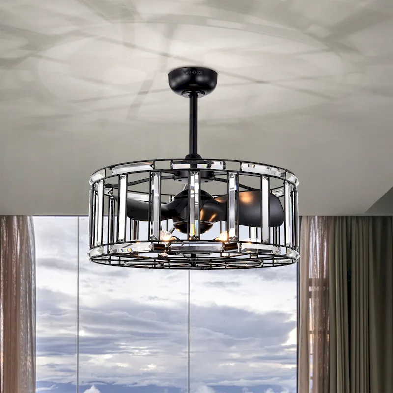 Livia 25 Inch Elegant and Glam Style Matte Black Finish Crystal Lighted Ceiling Fandelier with Remote