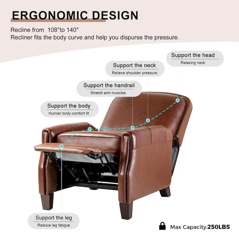 Modern Retro Genuine Leather Recliner with Nailhead Trim & Wooden Frame