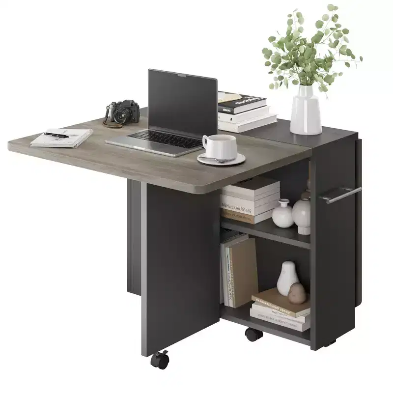 Foldable dining table with 2 layers of storage, extendable dining table set, movable table, can be used as dining table, office desk, console table