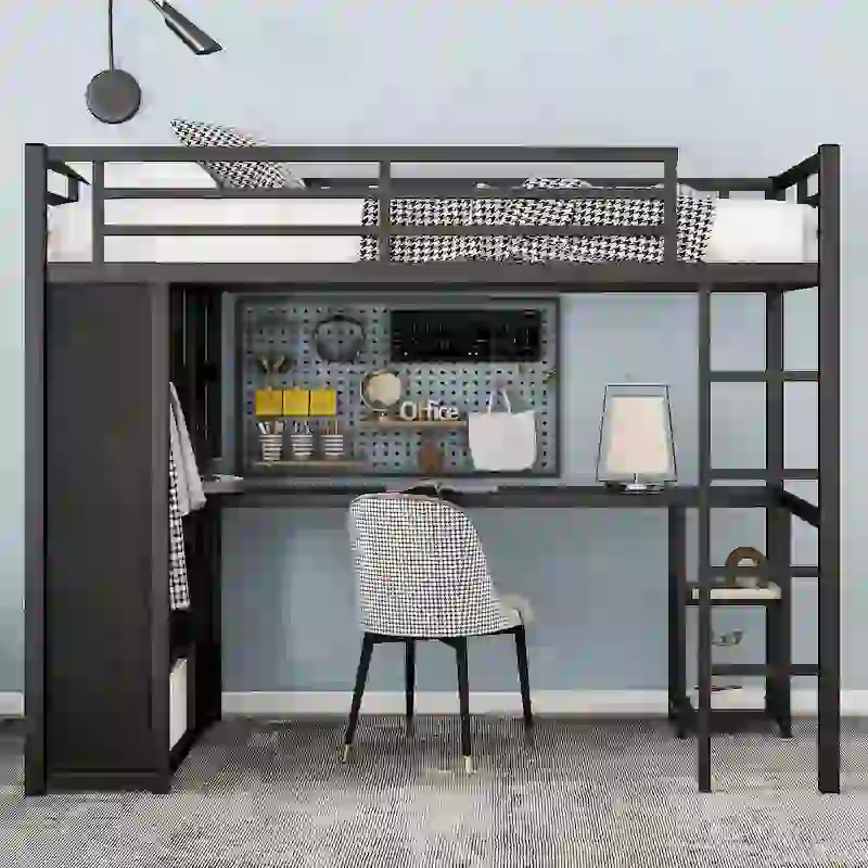 Black Twin XL Loft Bed with Built-in Wardrobe, Desk, and Storage Shelves, Space-Saving Design