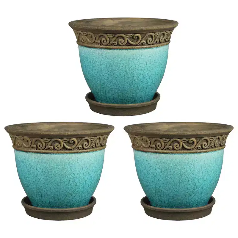 Southern Patio Cadiz 8 Inch Round Crackled Ceramic Indoor or Outdoor Garden Planter Pot with Saucer for Flowers and Plants, Teal (3 Pack)