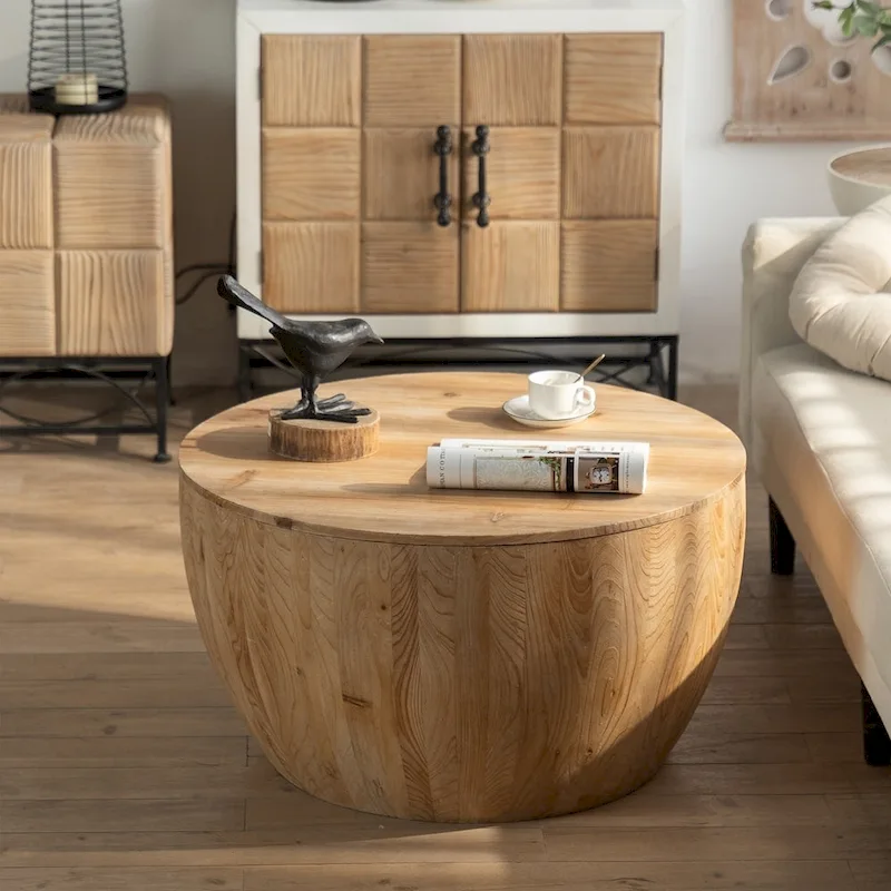 Barrel Shaped Coffee Table - Natural Wood, Vintage Style, Multi-User