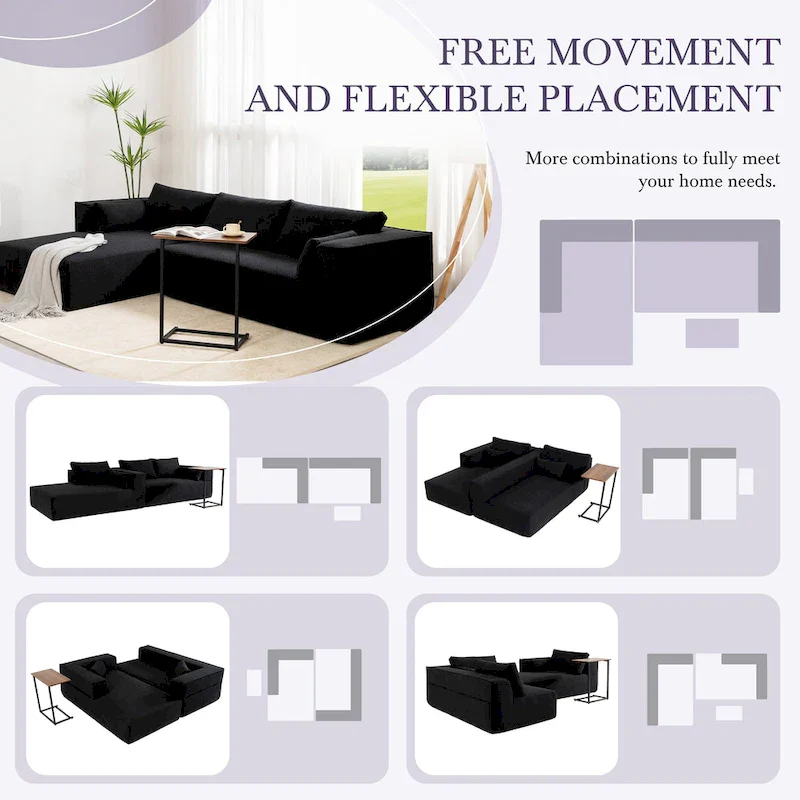 L-Shaped Modular Sectional Sofa with Side Table, Chaise, Wide Seat