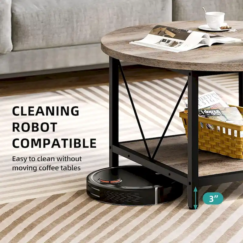 Moasis Industrial 2-Tier Round Coffee Table with Shelf