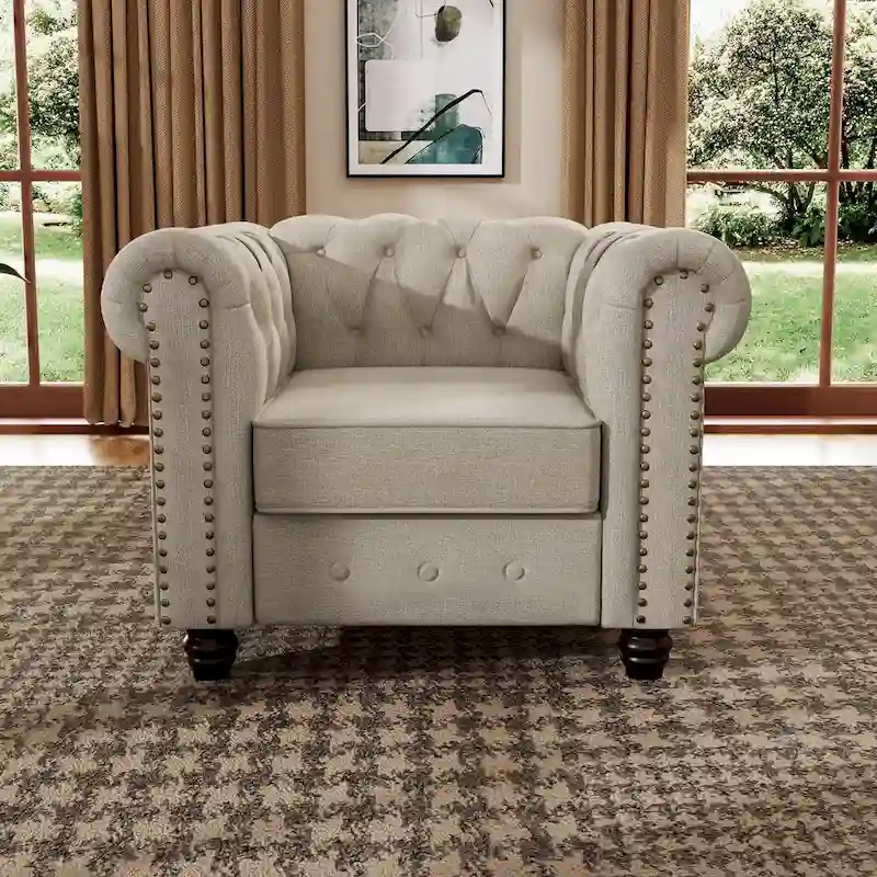 Linen Chesterfield Club Accent Chair,Button Tufted Upholstered Armchair with Nailhead and Solid Wood Legs