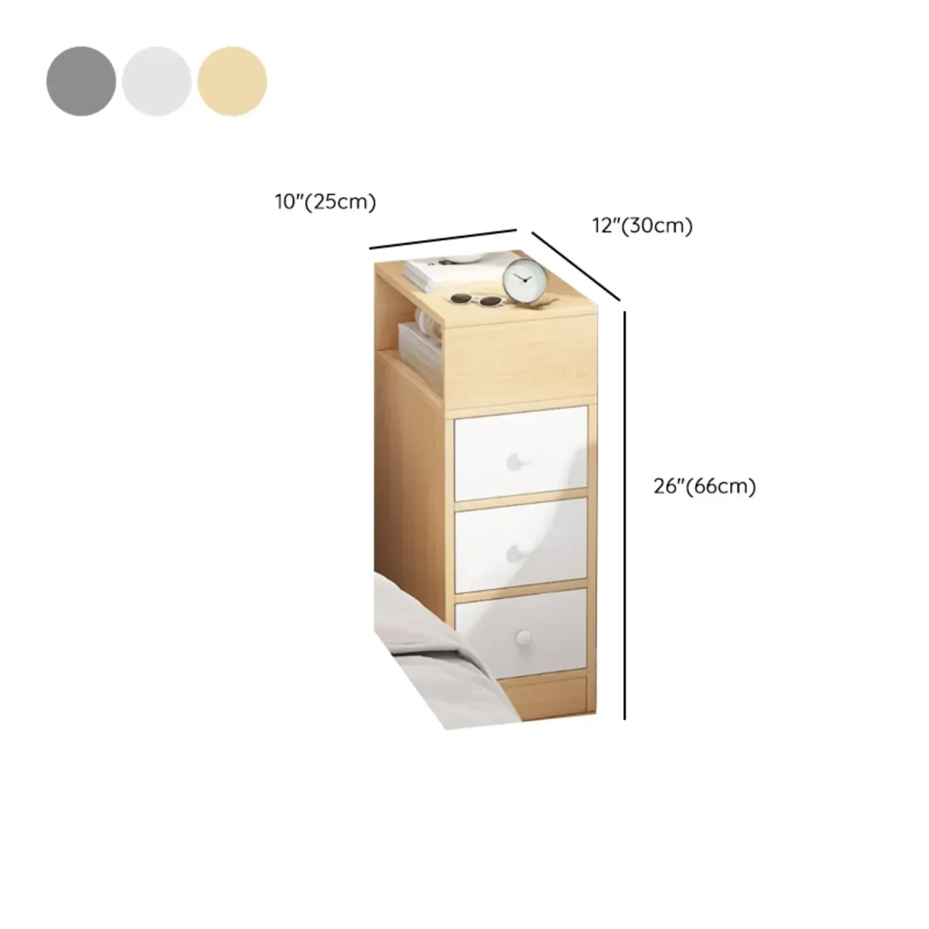 Wood Finish White Narrow Length Multi-Drawers Nightstand