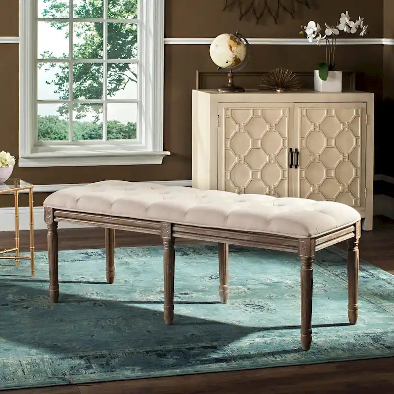French Brasserie Tufted Rubberwood Bench in Rustic Oak Finish — 47