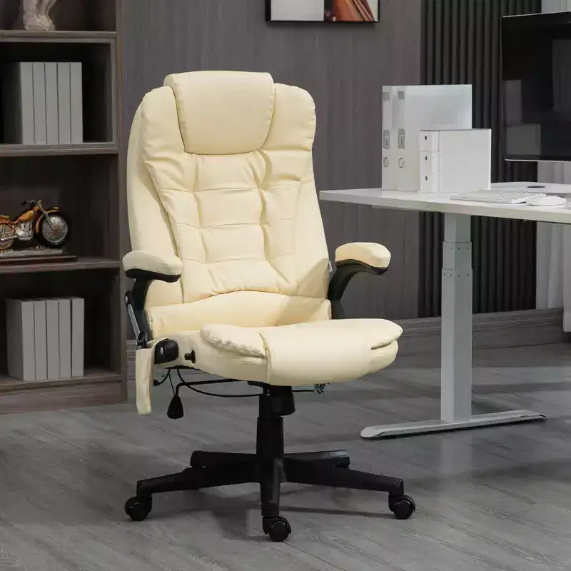 Okak High-Back Massage Office Chair with 6 Vibration Points and Heat, Reclining Computer Chair with Armrest and Remote, Comfy Chair for Home, Beige