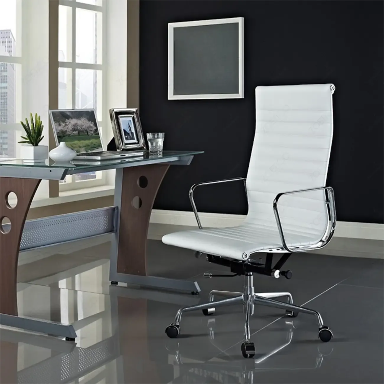 Beige Leather Adjustable High-Back Swivel Office Chair