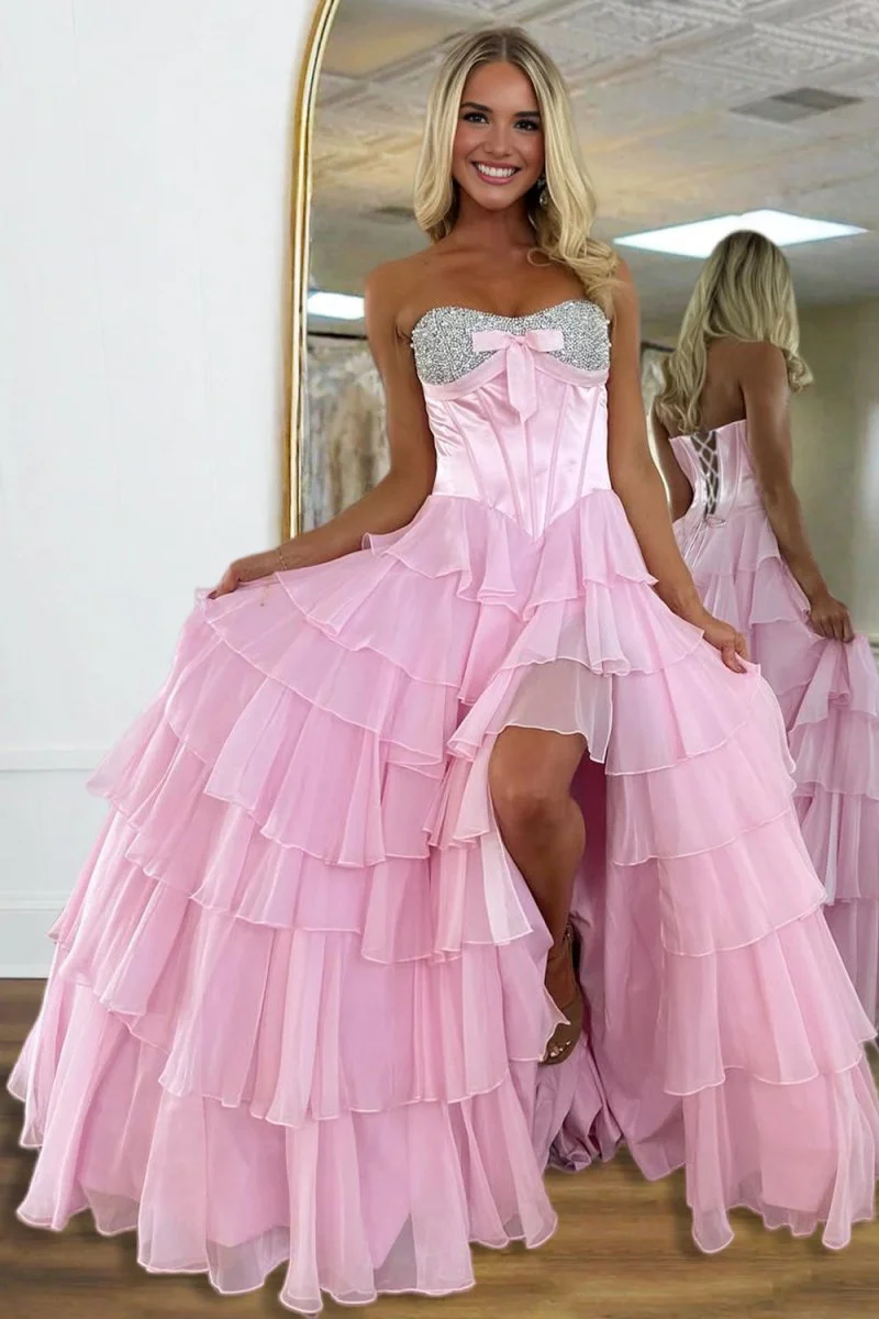 Pink Sweetheart A Line Chiffon Ruffled Long Formal Prom Dresses With Beading