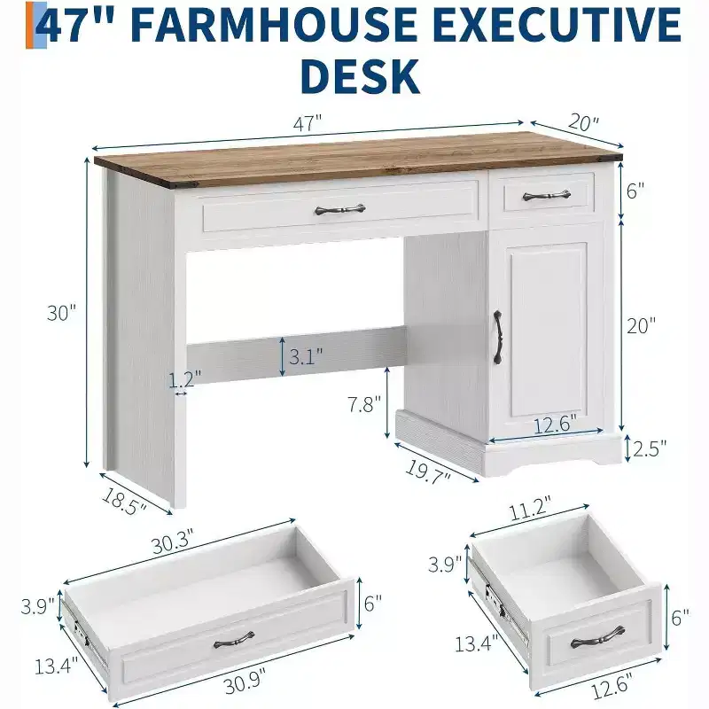 47in Farmhouse Executive Desk for Bedroom, Living Room, Rustic Workstation Computer Desk with Drawers and Storage Cabinet for Work and Study, White