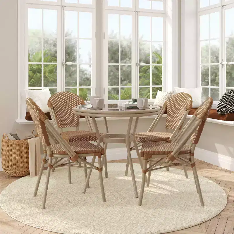 Flash Furniture Lourdes Indoor/Outdoor Commercial Bistro 31.5 Table, PE Rattan, Glass Top with 4 Stack Chairs
