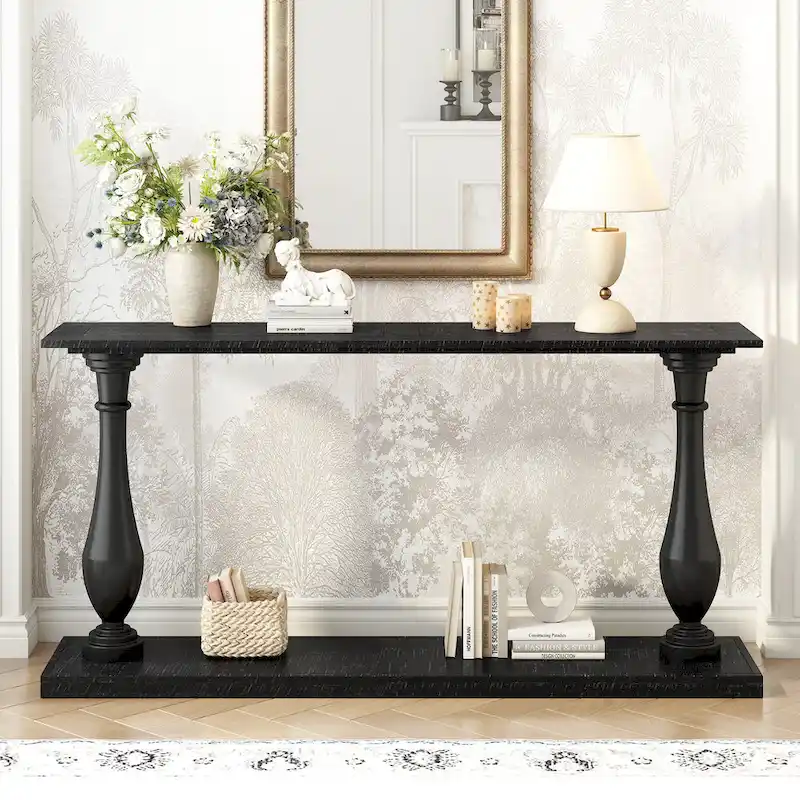 Vase-Leg Design Console Table Narrow Entryway Table Sofa Side Table with Bottom Shelf
