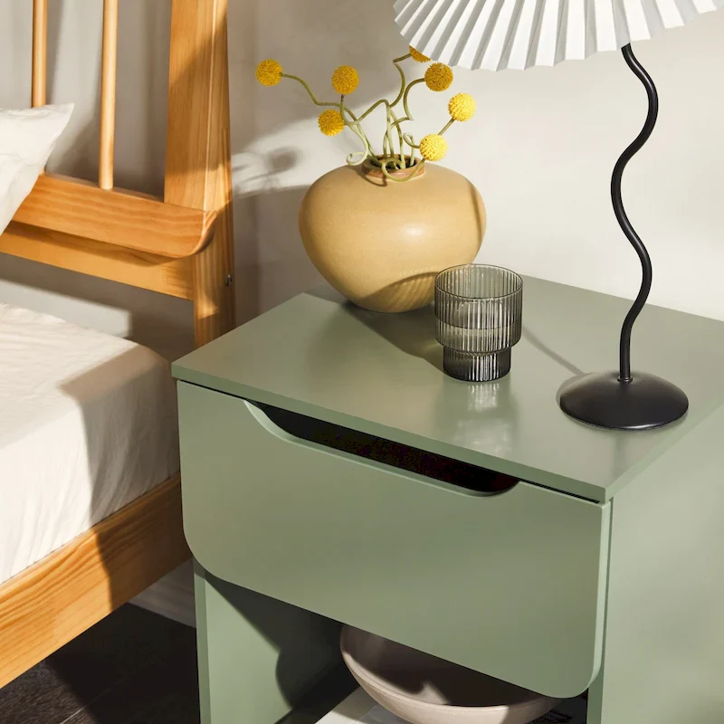 Modern 1-Drawer Nightstand with Open Cubby – Dark Grey / Riviera / Green / Black, Finger-Pull, Seats 0