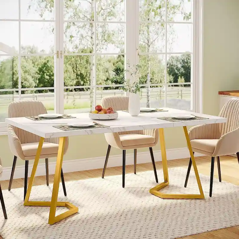 55-Inch Dining Table, Faux Marble Veneer Top, Metal Frame, Under-Table Storage, White / Rustic Brown / Light Brown, 4-6 Person Use