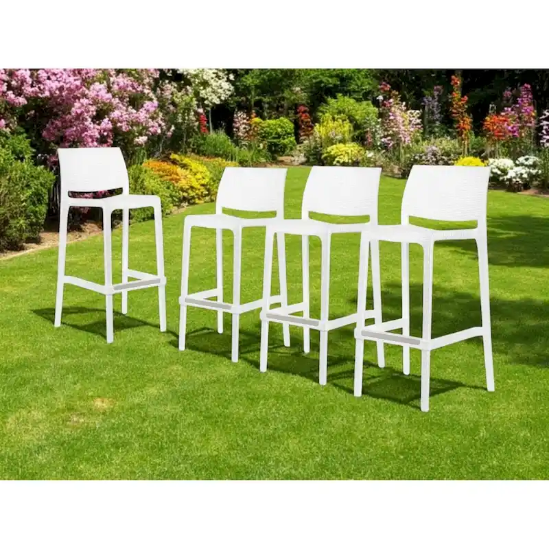 HomeRoots Set of Four 30 White Faux Rattan Heavy Duty Plastic Low Back Outdoor Bar Height Chairs