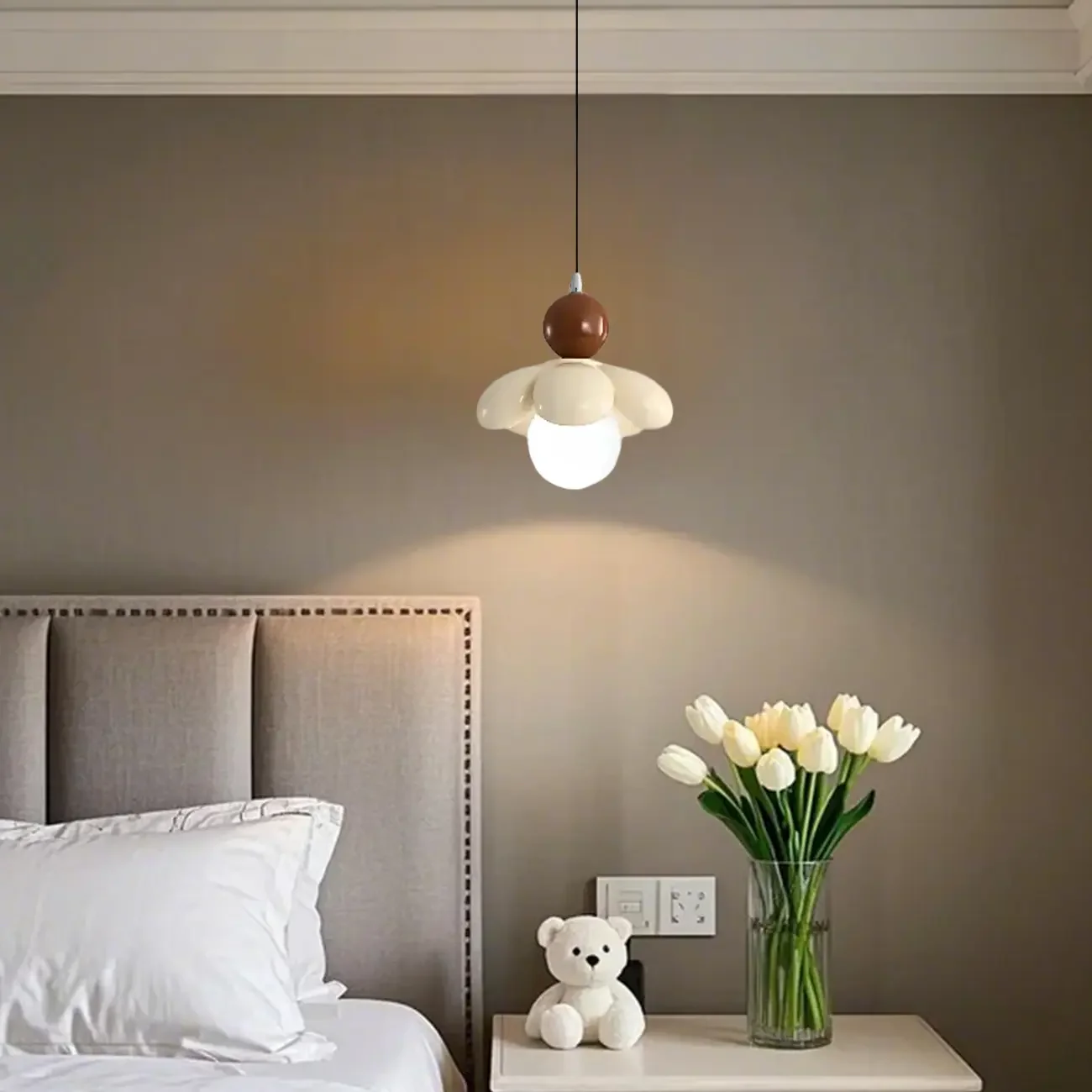 Cozy Pink LED Ball Pendant Light with Floral Clay Design for Bedside