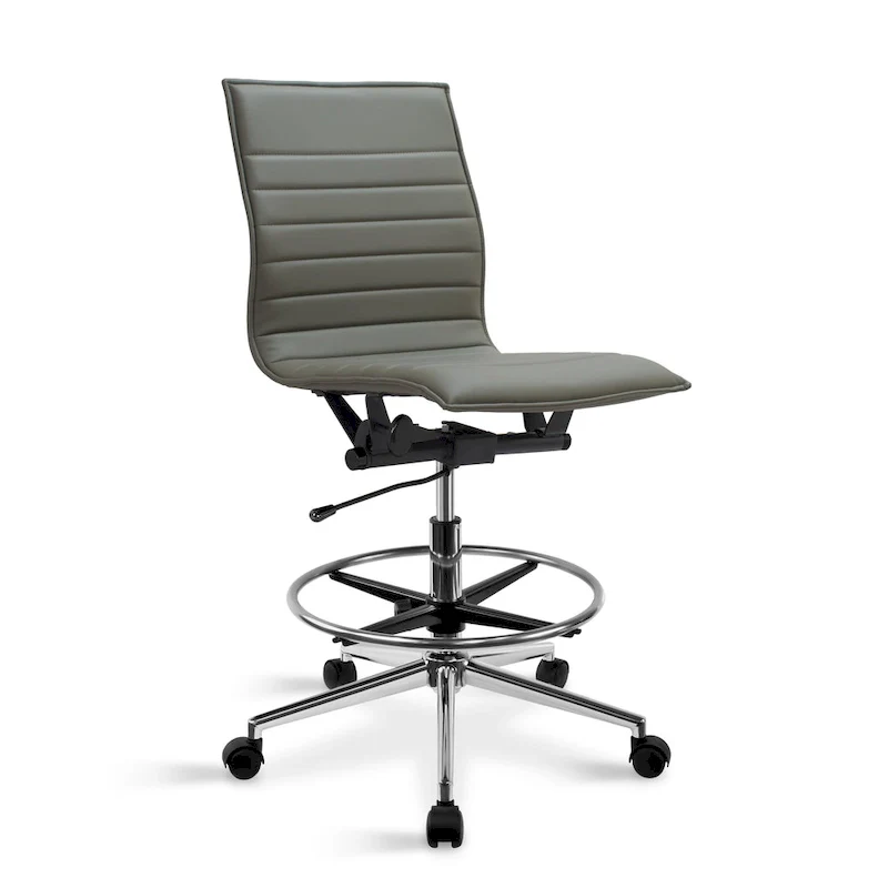Modern Drafting Chair Upholstered PU Leather Ribbed Armless Mid Back with Tall Adjustable Base & Leg Rest