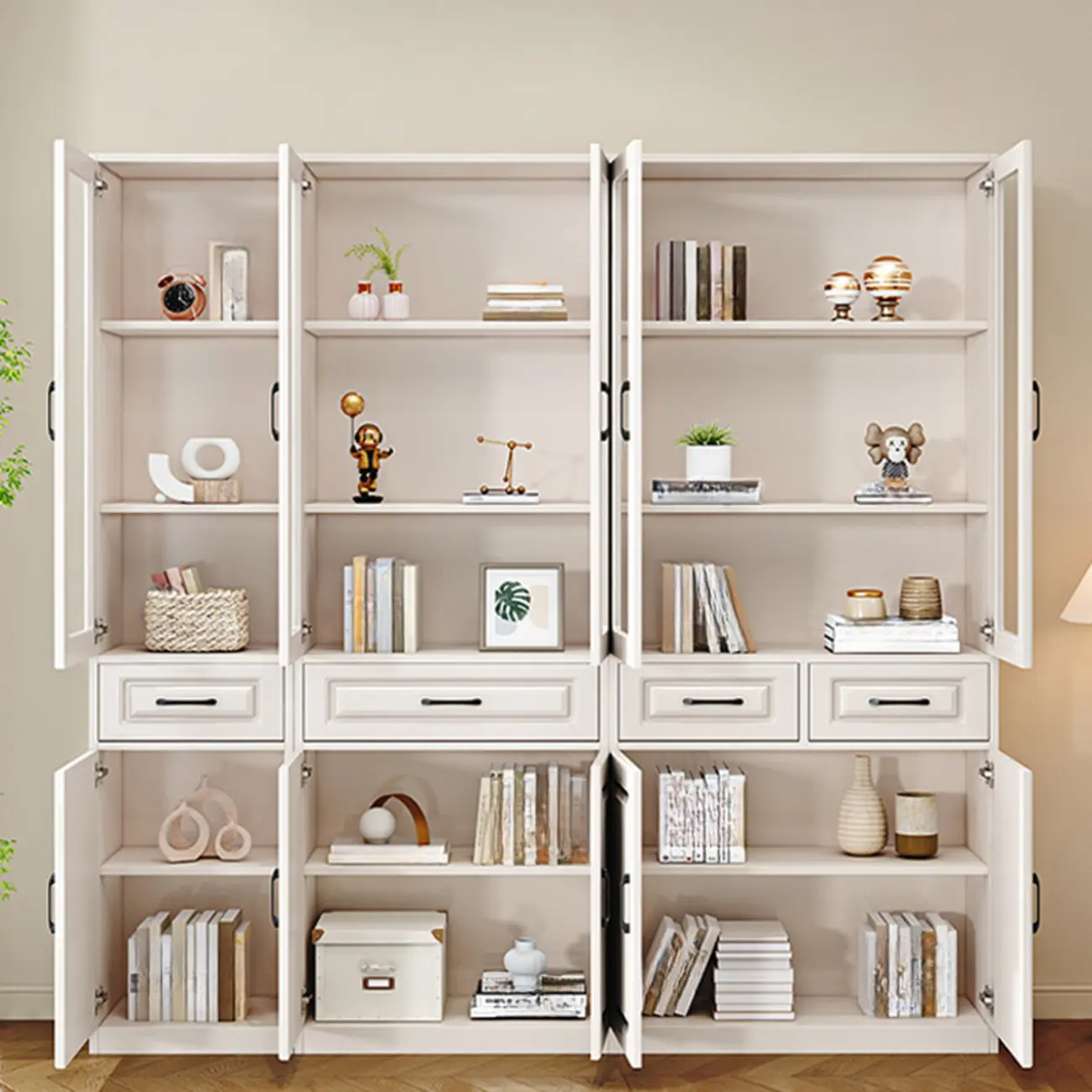 Rectangular White Wood Vertical Display Bookcase with Drawers