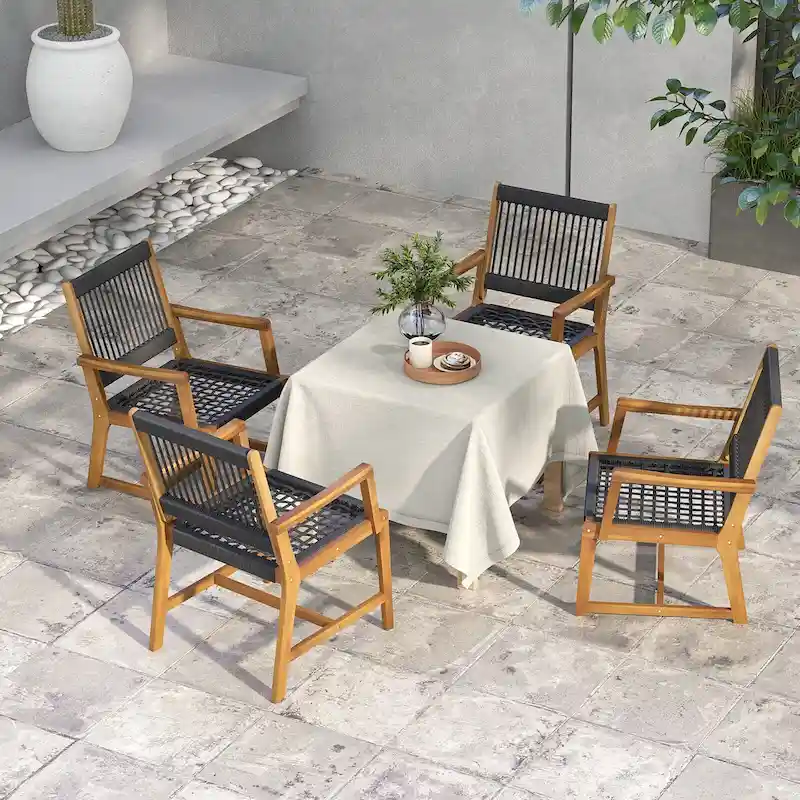 Patio Acacia Wood Dining Chairs All-Weather Rope Woven