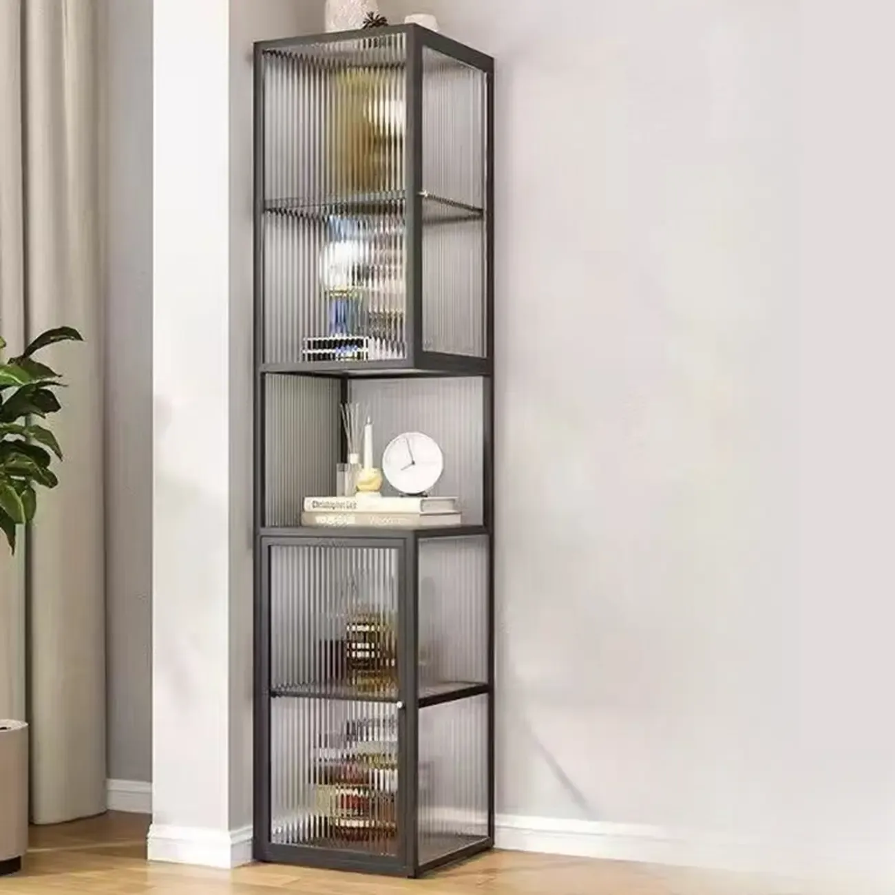 Modern Floor 4-Shelf Metal Display Cabinet with Glass Doors