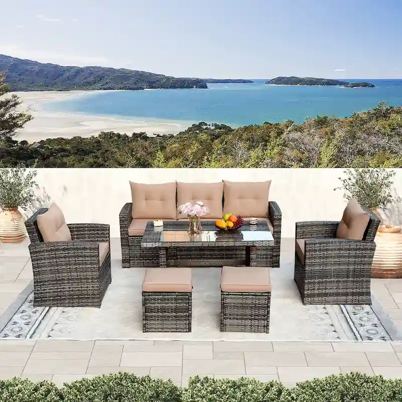Outdoor Wicker 6-Piece Conversation Sofa Set with Brown Cushions