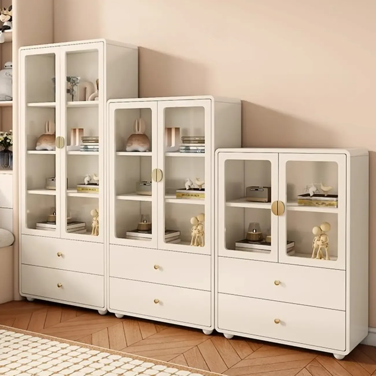 Spacious 2 Drawers White Glass Door Wood Bookshelves