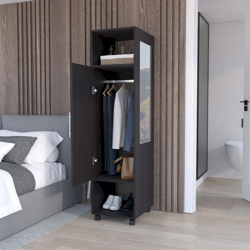 Modern Mirrored Armoire with Three Shelves, Casters and Hanging Rod
