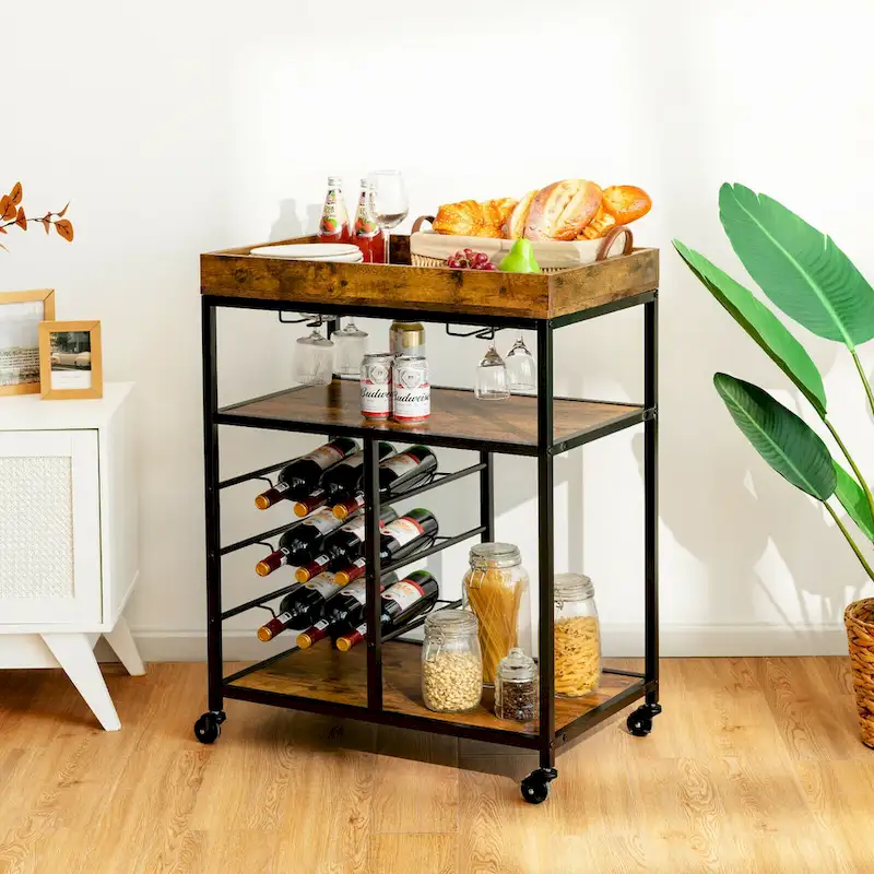 Gymax 3-Tier Rolling Kitchen Serving Cart Utility Trolley w/ Wine - See Details