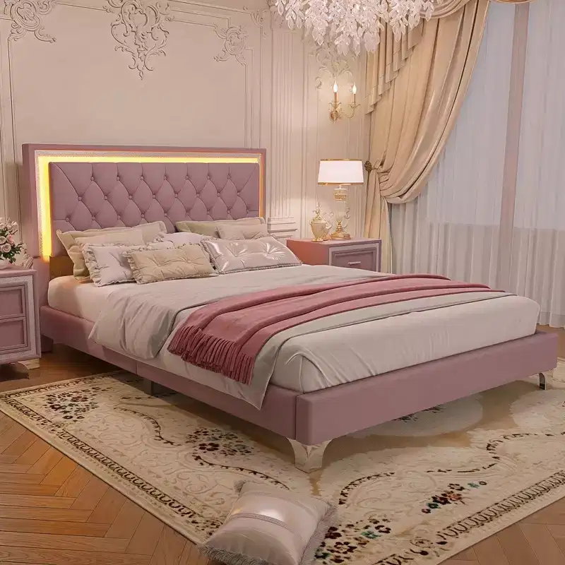 Velvet Upholstered LED Platform Bed, Queen Size Modern Platform Bed Frame with LED and Tufted Headboard