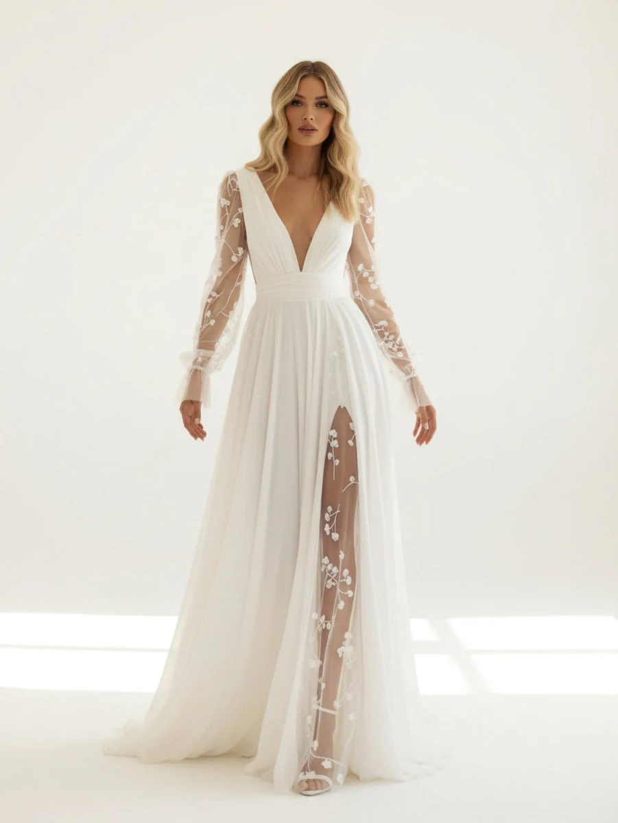 Long Sleeve Boho Flowy Wedding Dress Lace A-Line V-Neck Beach Gown with Split Front and Sweep Train